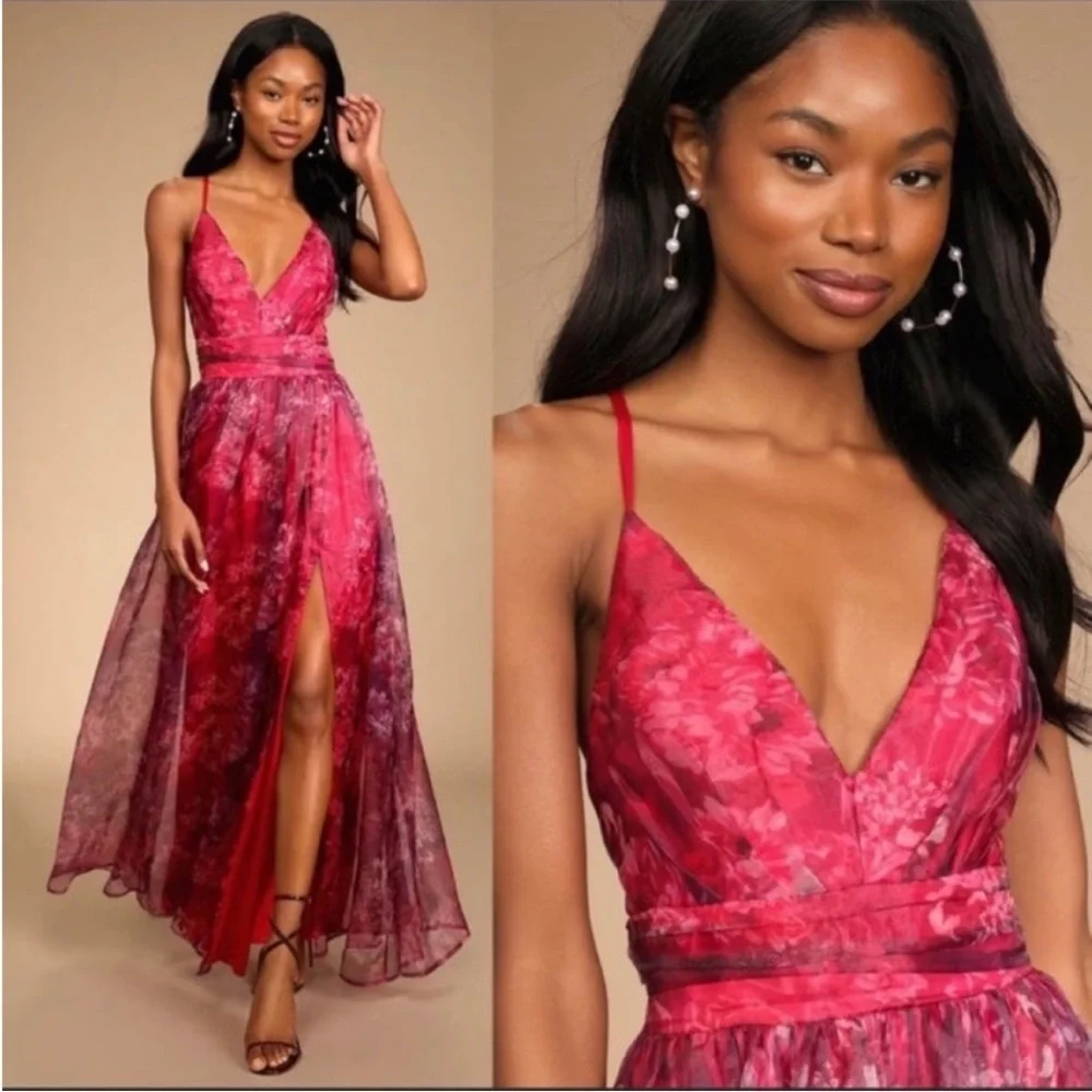 Red and Magenta Floral Backless Organza Maxi Dress 🌿 - Picture 4 of 11